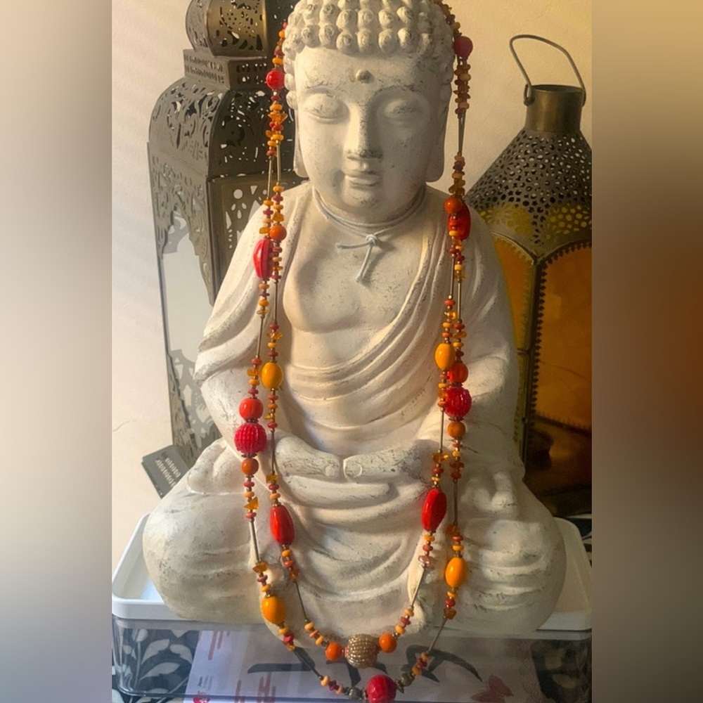 Double string Long necklace w orange and red beads